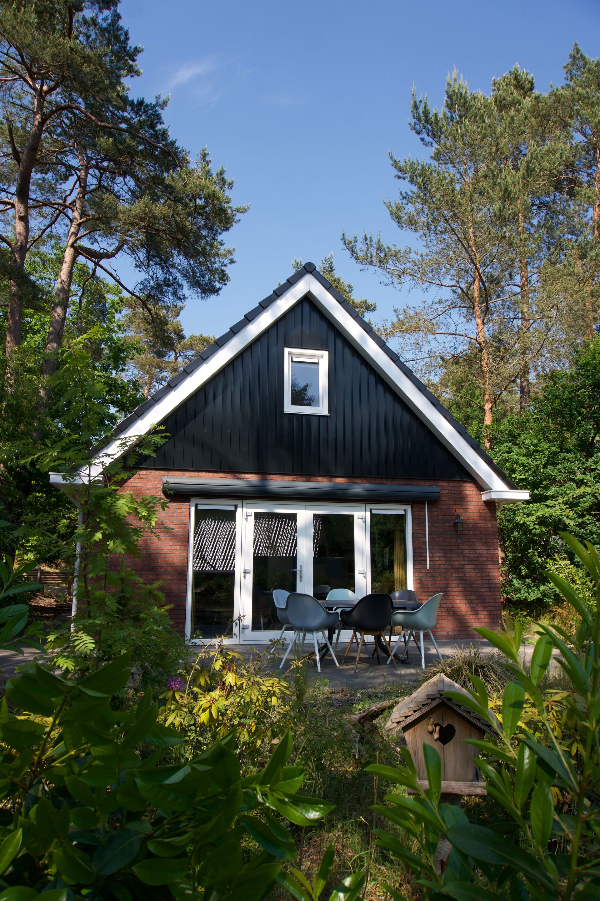 Gezin van 5 personen aan tafel op een zonnig terras bij een vakantiehuisje in het bos op de Veluwe